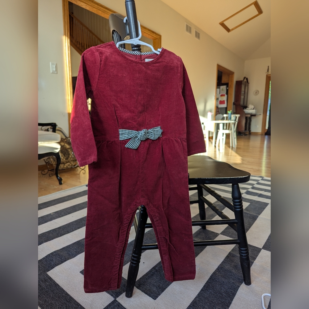 Zara Baby Toddler Girl 3-4Y Burgundy Jumpsuit, Gingham Checkered Bow